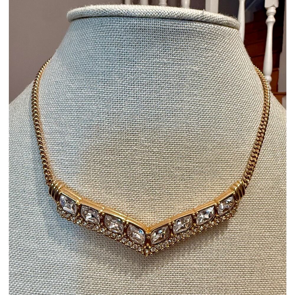 Vintage Swarovski Gold Tone Crystal V Necklace 14”